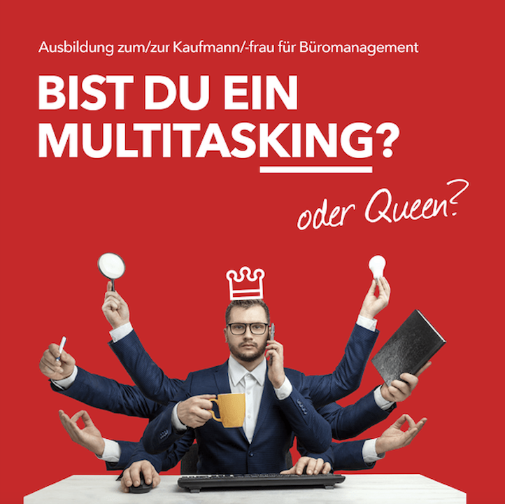Multitasking im Büro? Mit einer Ausbildung im Büromanagement meisterst du jede Herausforderung Junger Mann im Anzug mit mehreren Armen, der verschiedene Büroaufgaben gleichzeitig erledigt – Werbemotiv für eine Ausbildung im Büromanagement